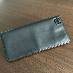 LOEWE bifold long wallet black leather /navy interior zip compartment women’s